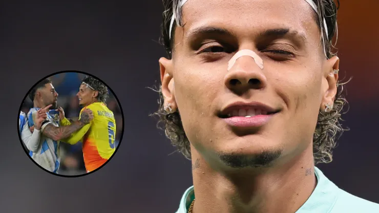 Richard Ríos se desentendeu com Otamendi em partida entre Argentina e Colômbia. Fotos: Gilson Lobo/AGIF e Marcelo Endelli/Getty Images