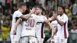 Serna jogador do Fluminense comemora seu gol durante partida contra o Atletico-MG no estadio Arena MRV pelo campeonato Brasileiro A 2025. Foto: Gilson Lobo/AGIF