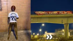 Boneco de Vini Jr 'enforcado' em ponte de Madri (Reprodução/ Redes Sociais)