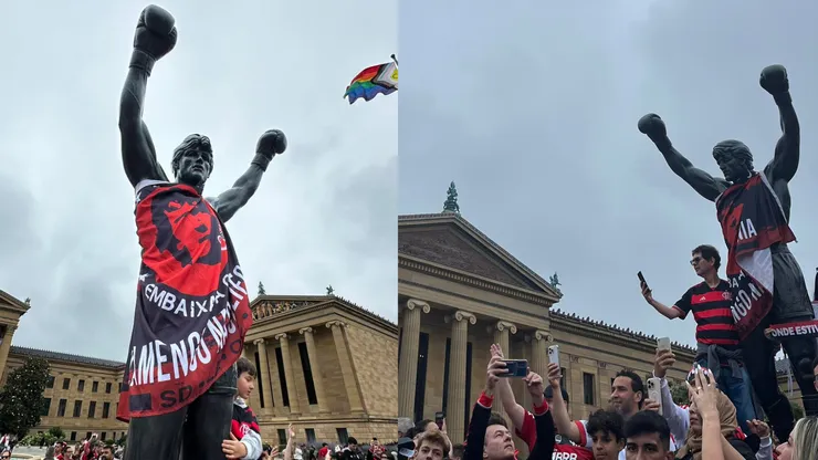 Estátua de Rocky Balboa, na Filadélfia, vira centro das atenções com a chegada de torcedores do Flamengo. Foto 1: Reprodução/X; Foto 2: Flamengo/X