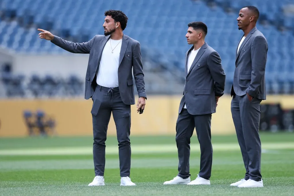 SEATTLE, WASHINGTON – JUNE 14: (L-R) Alex Telles, Jefferson Savarino and Marlon Freitas of Botafogo look on during the Press Conference ahead of the FIFA Club World Cup 2025 match between Botafogo and Seattle Sounders at Lumen Field on June 14, 2025 in Seattle, Washington. (Photo by Buda Mendes/Getty Images)