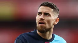 LONDON, ENGLAND - MAY 02: Jorginho of Arsenal looks on during the warm up prior to the Premier League match between Arsenal FC and Chelsea FC at Emirates Stadium on May 02, 2023 in London, England. (Photo by Alex Pantling/Getty Images)