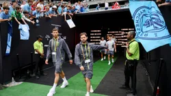 PHILADELPHIA, PENNSYLVANIA - JUNE 18: Ruben Dias #3 and Bernardo Silva #20 of Manchester City walk onto the pitch prior to the FIFA Club World Cup 2025 group G match between Manchester City FC and Wydad AC at Lincoln Financial Field on June 18, 2025 in Philadelphia, Pennsylvania. (Photo by David Ramos/Getty Images)