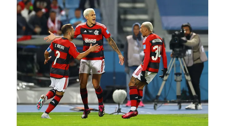 TANGER MED, MOROCCO - FEBRUARY 07: Pedro of Flamengo celebrates after scoring the team's first goal during the FIFA Club World Cup Morocco 2022 Semi Final match between Flamengo v Al Hilal SFC at Stade Ibn-Batouta on February 07, 2023 in Tanger Med, Morocco. (Photo by Michael Steele/Getty Images)