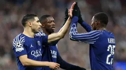 BIRMINGHAM, ENGLAND - APRIL 15: Nuno Mendes of Paris Saint-Germain celebrates with teammates Ousmane Dembele and Achraf Hakimi after scoring his team's second goal during the UEFA Champions League 2024/25 Quarter Final Second Leg match between Aston Villa FC and Paris Saint-Germain at Villa Park on April 15, 2025 in Birmingham, England. (Photo by Dan Istitene/Getty Images)