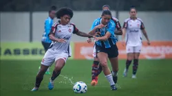 Lance da partida Grêmio x Flamengo, no CFT Presidente Hélio Dourado, em Eldorado do Sul, válida pelo Brasileirão Feminino 2025.