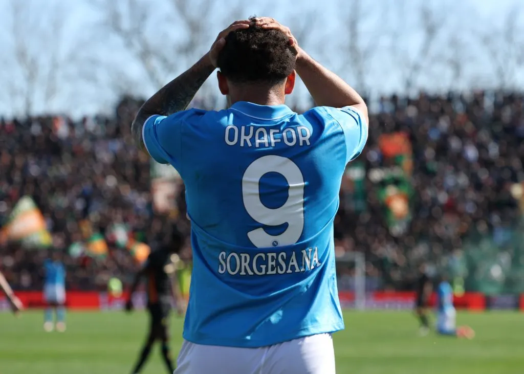 VENICE, ITALY – MARCH 16: Noah Okafor of Napoli reacts during the Serie A match between Venezia and Napoli at Stadio Pier Luigi Penzo on March 16, 2025 in Venice, Italy. (Photo by Timothy Rogers/Getty Images)