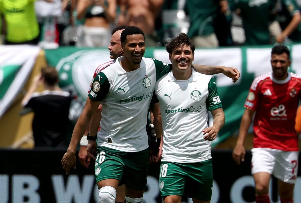 Murilo Cerqueira and Mauricio #18 of Palmeiras celebrate after Wessam Abou Ali #9 of Al Ahly FC (not pictured) scores a own goal and Palmeiras first during the FIFA Club World Cup 2025 group A match between SE Palmeiras and Al Ahly SC at MetLife Stadium on June 19, 2025 in East Rutherford, New Jersey. (Photo by Al Bello/Getty Images)