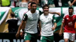 EAST RUTHERFORD, NEW JERSEY - JUNE 19: Murilo Cerqueira and Mauricio #18 of Palmeiras celebrate after Wessam Abou Ali #9 of Al Ahly FC (not pictured) scores a own goal and Palmeiras first during the FIFA Club World Cup 2025 group A match between SE Palmeiras and Al Ahly SC at MetLife Stadium on June 19, 2025 in East Rutherford, New Jersey. (Photo by Al Bello/Getty Images)
