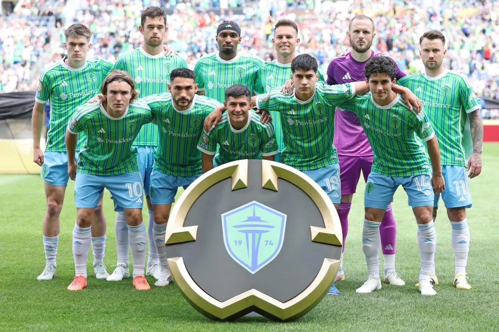 SEATTLE, WASHINGTON – JUNE 19: Players of the Seattle Sounders FC pose for a team photograph prior to the FIFA Club World Cup 2025 group B match between Seattle Sounders FC and Club Atletico de Madrid at Lumen Field on June 19, 2025 in Seattle, Washington. (Photo by Buda Mendes/Getty Images)
