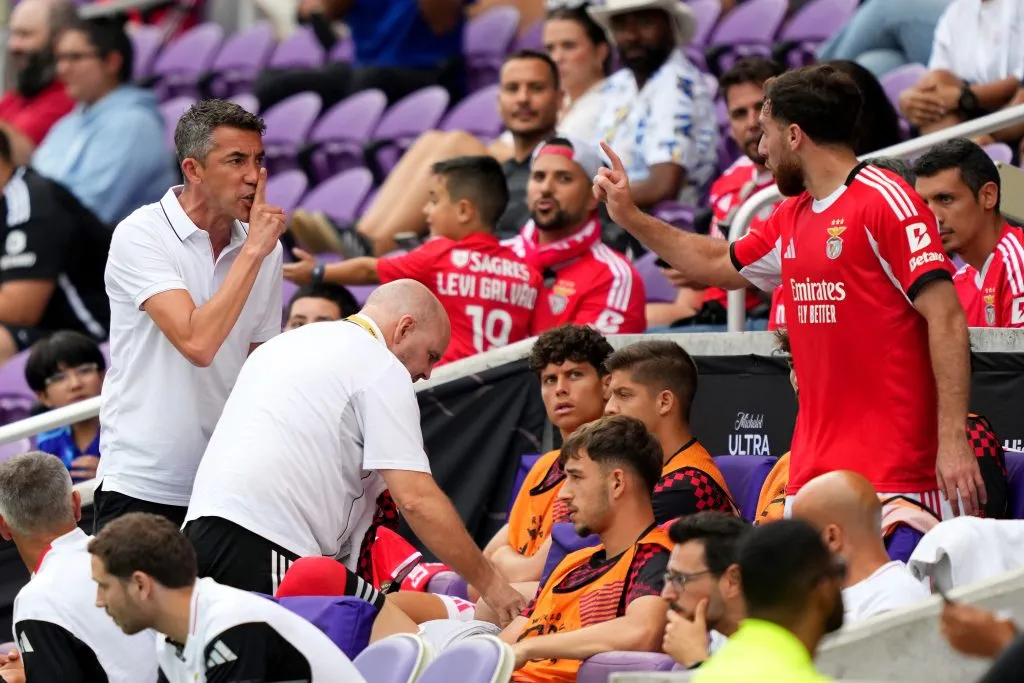 Bruno Lage (L), Head Coach of SL Benfica, argues with Orkun Koekcu #10 of SL Benfica on the bench after Koekcu was shown a yellow card during the FIFA Club World Cup 2025 group C match between SL Benfica and Auckland City FC at Inter&Co Stadium on June 20, 2025 in Orlando, Florida. (Photo by Michael Owens/Getty Images)