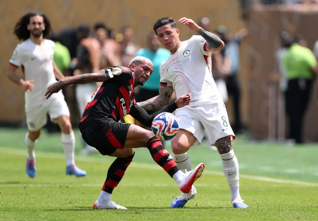 Wesley #43 of CR Flamengo battles for possession with Enzo Fernandez #8 of Chelsea FC during the FIFA Club World Cup 2025 group D match between CR Flamengo and Chelsea FC at Lincoln Financial Field on June 20, 2025 in Philadelphia, Pennsylvania. (Photo by David Ramos/Getty Images)