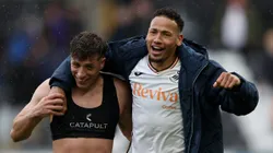 SWANSEA, WALES - APRIL 18: Ronald of Swansea City celebrates victory with teammate Goncalo Franco as they leave the field after Swansea City defeat Hull City during the Sky Bet Championship match between Swansea City AFC and Hull City AFC at Swansea.com Stadium on April 18, 2025 in Swansea, Wales. (Photo by Ryan Hiscott/Getty Images)