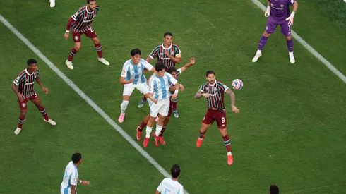 EAST RUTHERFORD, NEW JERSEY - JUNE 21: Seokhyun Choi #96 of Ulsan HD heads the ball against Everaldo Stum #9 of Fluminense FC during the FIFA Club World Cup 2025 group F match between Fluminense FC and Ulsan HD FC at MetLife Stadium on June 21, 2025 in East Rutherford, New Jersey. (Photo by Al Bello/Getty Images)