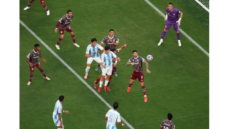 EAST RUTHERFORD, NEW JERSEY - JUNE 21: Seokhyun Choi #96 of Ulsan HD heads the ball against Everaldo Stum #9 of Fluminense FC during the FIFA Club World Cup 2025 group F match between Fluminense FC and Ulsan HD FC at MetLife Stadium on June 21, 2025 in East Rutherford, New Jersey. (Photo by Al Bello/Getty Images)