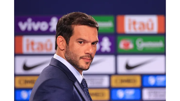 RIO DE JANEIRO, BRAZIL - MAY 26: The newly elected President of the Brazilian Football Confederation (CBF), Samir Xaud during a press conference to announce Ancelotti as the new coach of the Brazilian Football team during a press conference at Grand Hyatt Hotel on May 26, 2025 in Rio de Janeiro, Brazil. (Photo by Buda Mendes/Getty Images)