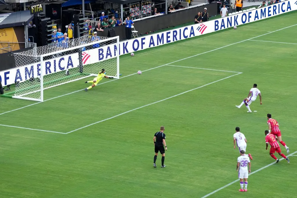 WASHINGTON, DC – JUNE 26: Kodjo Laba #9 of Al Ain FC scores his team’s first goal on a penalty kick past El Mehdi Benabid #12 of Wydad AC during the FIFA Club World Cup 2025 group G match between Wydad AC and Al Ain FC at Audi Field on June 26, 2025 in Washington, DC. (Photo by Michael Owens/Getty Images)