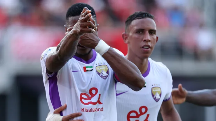 WASHINGTON, DC - JUNE 26: Kodjo Laba #9 of Al Ain FC celebrates scoring his team's first goal on a penalty kick with Soufiane Rahimi #21 during the FIFA Club World Cup 2025 group G match between Wydad AC and Al Ain FC at Audi Field on June 26, 2025 in Washington, DC. (Photo by Kevin C. Cox/Getty Images)
