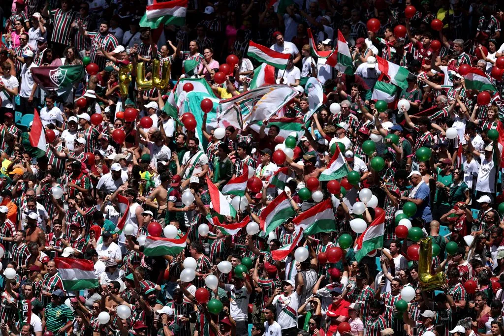 MIAMI GARDENS, FLORIDA – JUNE 25: Fans of Fluminense FC react, enjoying the match atmosphere during the FIFA Club World Cup 2025 group F match between Mamelodi Sundowns FC and Fluminense FC at Hard Rock Stadium on June 25, 2025 in Miami Gardens, Florida. (Photo by Dan Mullan/Getty Images)