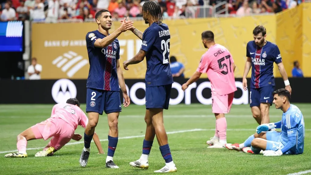 ATLANTA, GEORGIA – JUNE 29: Achraf Hakimi #2 of Paris Saint-Germain celebrates scoring his team’s fourth goal with Bradley Barcola #29 during the FIFA Club World Cup 2025 round of 16 match between Paris Saint-Germain and Inter Miami CF at Mercedes-Benz Stadium on June 29, 2025 in Atlanta, Georgia. (Photo by Alex Grimm/Getty Images)
