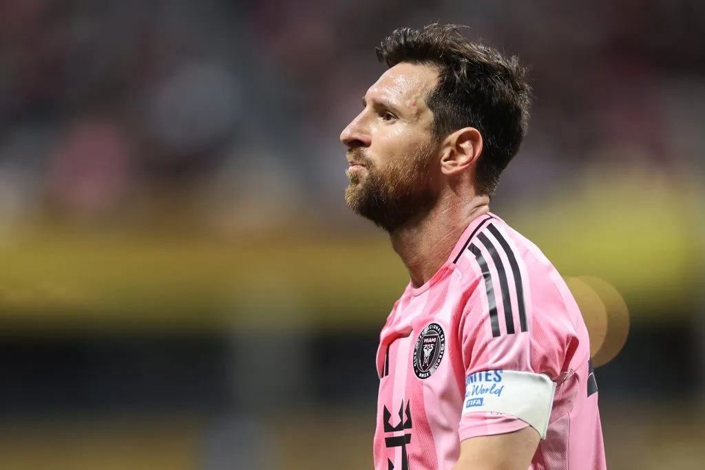 ATLANTA, GEORGIA – JUNE 29: Lionel Messi #10 of Inter Miami CF reacts during the FIFA Club World Cup 2025 round of 16 match between Paris Saint-Germain and Inter Miami CF at Mercedes-Benz Stadium on June 29, 2025 in Atlanta, Georgia. (Photo by Alex Grimm/Getty Images)