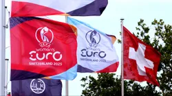 ZURICH, SWITZERLAND - JULY 01: A general view of official UEFA Women's Euro 2025 flags next to a Swiss national flag at the city of Zurich ahead of the UEFA Women's Euro 2025 on July 01, 2025 in Zurich, Switzerland. (Photo by Alexander Hassenstein/Getty Images)