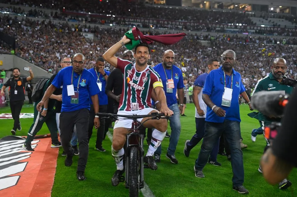 Fred of Fluminense rides a bike during the celebrations for his retirement after a match between Fluminense and Ceara as part of Brasileirao 2022 at Maracana Stadium – (Photo by Andre Borges/Getty Images)