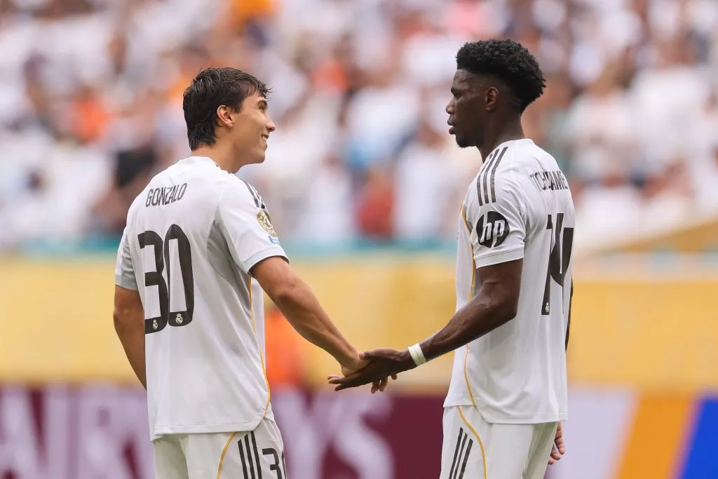 Gonzalo Garcia and Aurelien Tchouameni of Real Madrid C.F. react following the FIFA Club World Cup 2025 – (Photo by Michael Reaves/Getty Images)