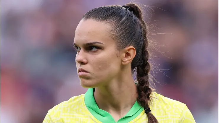 Ana Vitoria of Team Brazil during the Women's Quarterfinal match between France and Brazil during the Olympic Games Paris 2024 at Stade de la Beaujoire on August 03, 2024 in Nantes, France. (Photo by Robert Cianflone/Getty Images)
