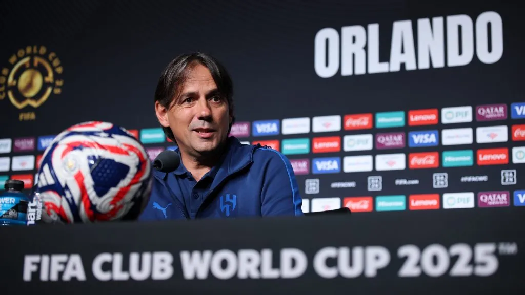 ORLANDO, FLORIDA – JULY 03: Simone Inzaghi, Head Coach of Al Hilal, speaks to the media in a press conference ahead of their FIFA Club World Cup 2025 Quarter Final match between Al-Hilal and Fluminense FC at Camping World Stadium on July 03, 2025 in Orlando, Florida. (Photo by Alex Grimm/Getty Images)