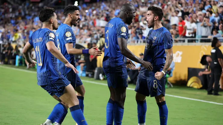 ORLANDO, FLORIDA - JUNE 30: Kalidou Koulibaly #3 of Al Hilal celebrates scoring his team's third goal with Ruben Neves #8 during the FIFA Club World Cup 2025 round of 16 match between Manchester City and Al-Hilal at Camping World Stadium on June 30, 2025 in Orlando, Florida. (Photo by Francois Nel/Getty Images)