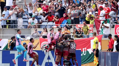 ORLANDO, FLORIDA - JULY 04: Hercules #35 of Fluminense FC celebrates scoring his team's second goal with teammates during the FIFA Club World Cup 2025 quarter final match between Fluminense FC and Al Hilal at Camping World Stadium on July 04, 2025 in Orlando, Florida. (Photo by Megan Briggs/Getty Images)