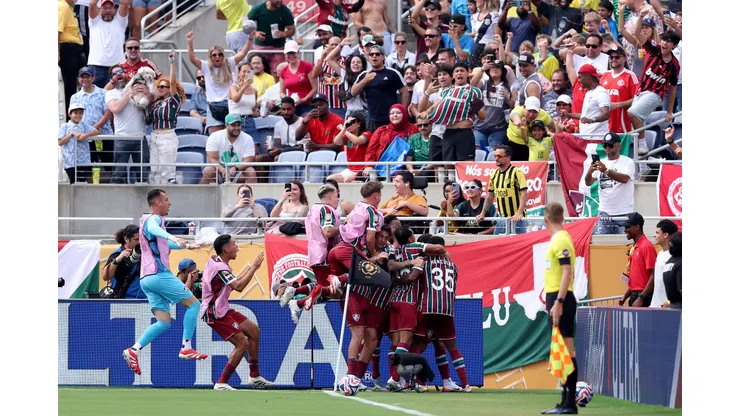 ORLANDO, FLORIDA - JULY 04: Hercules #35 of Fluminense FC celebrates scoring his team's second goal with teammates during the FIFA Club World Cup 2025 quarter final match between Fluminense FC and Al Hilal at Camping World Stadium on July 04, 2025 in Orlando, Florida. (Photo by Megan Briggs/Getty Images)