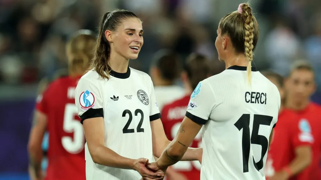 ST GALLEN, SWITZERLAND – JULY 04: Jule Brand and Selina Cerci of Germany celebrate the teams victory after the UEFA Women’s EURO 2025 Group C match between Germany and Poland at Arena St. Gallen on July 04, 2025 in St Gallen, Switzerland. (Photo by Alexander Hassenstein/Getty Images)