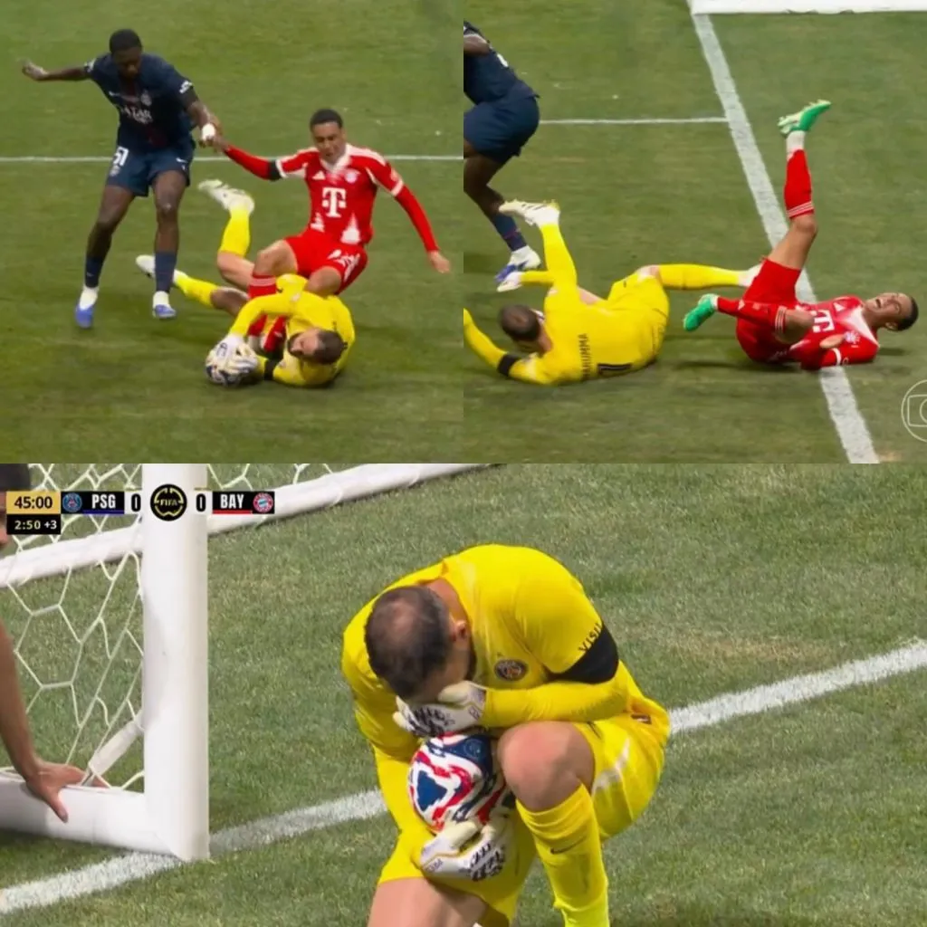 Lance que gerou a lesão grave de Musiala e a imagem de Donarruma desolado com a cena. Reprodução/Globo