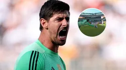 Courtois fez uma defesa milagrosa no fim para salvar o Real do empate e garantir o time espanhol nas semis do Mundial. FotoxFoto: Courtois (Getty Images); Defesa (Reprodução).