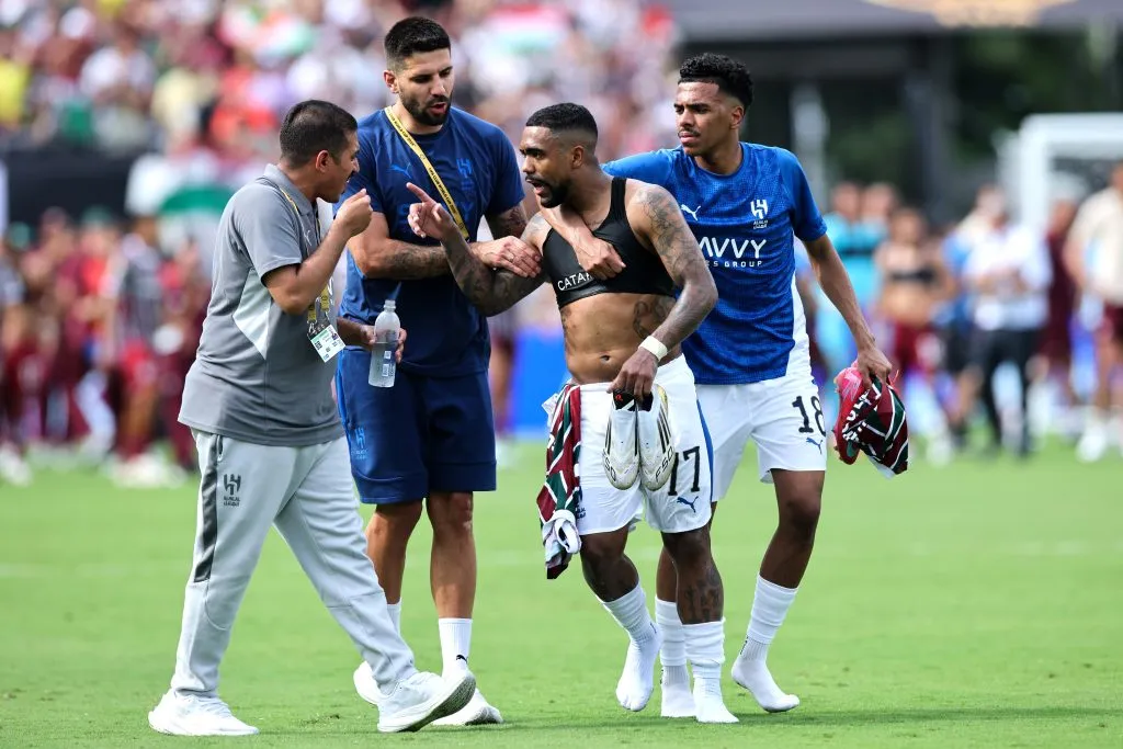 ORLANDO, FLORIDA – JULY 04: Malcom #77 of Al Hilal reacts following defeat in the FIFA Club World Cup 2025 quarter final match between Fluminense FC and Al Hilal at Camping World Stadium on July 04, 2025 in Orlando, Florida. (Photo by Alex Grimm/Getty Images)