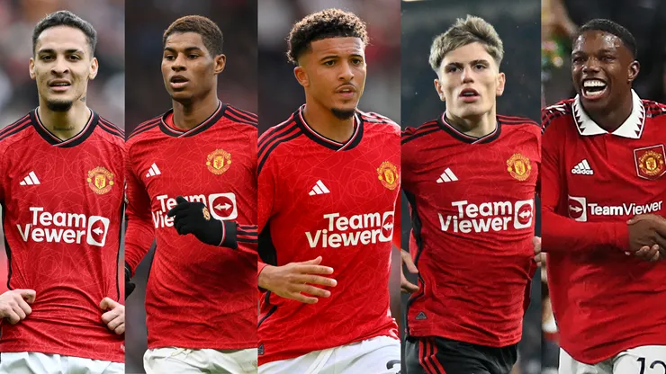 Antony, Rashford, Sancho, Garnacho e Malacia, jogadores liberados pelo Manchester United. Foto: Getty Images