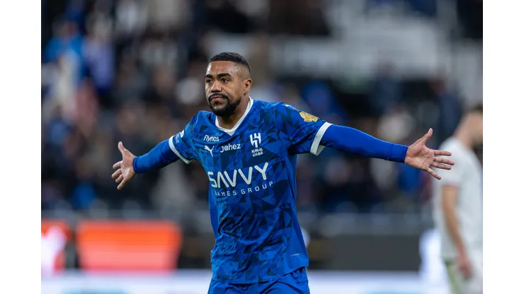RIYADH, SAUDI ARABIA - FEBRUARY 25: Malcom of Al-Hilal FC celebrates scoring their third goal during the Saudi Pro League match between Al-Hilal FC and Al-Kholood FC at Kingdom Arena on February 25, 2025 in Riyadh, Saudi Arabia. (Photo by Abdullah Ahmed/Getty Images)