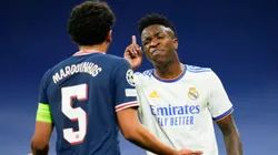 Marquinhos e Vinícius Júnior em partida entre Real Madrid e PSG. Foto: Associated Press / Alamy Stock Photo