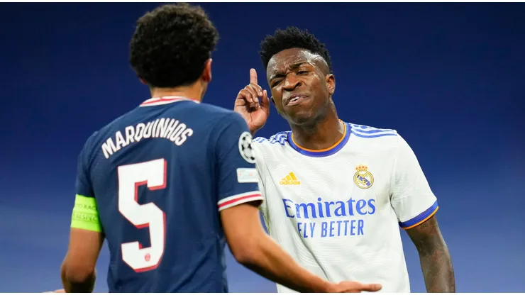 Marquinhos e Vinícius Júnior em partida entre Real Madrid e PSG. Foto: Associated Press / Alamy Stock Photo
