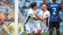 Cano e Renê comemoram gol marcado contra a Internazionale-ITA. Foto: Marcelo Gonçalves/Fluminense.