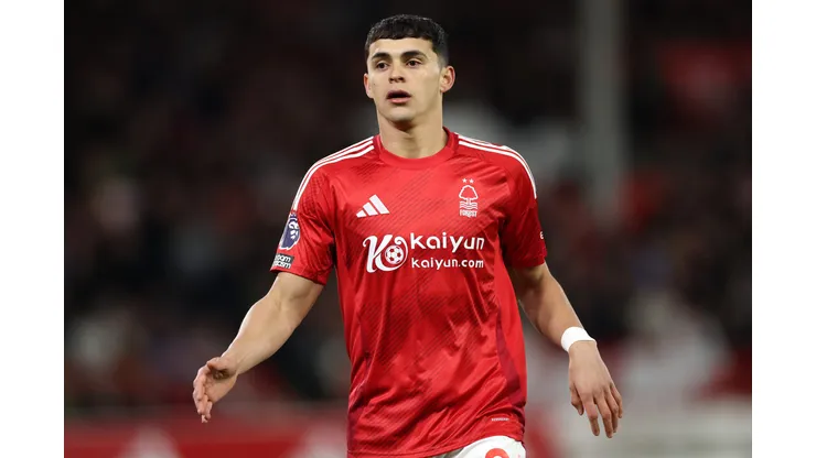 NOTTINGHAM, ENGLAND - APRIL 01: Ramon Sosa of Nottingham Forest during the Premier League match between Nottingham Forest FC and Manchester United FC at City Ground on April 01, 2025 in Nottingham, England. (Photo by Michael Steele/Getty Images)
