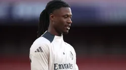 LONDON, ENGLAND - APRIL 07: Eduardo Camavinga of Real Madrid looks on during a training session ahead of their UEFA Champions League 2024/25 quarter final first leg match at Emirates Stadium on April 07, 2025 in London, England. (Photo by Alex Davidson/Getty Images)