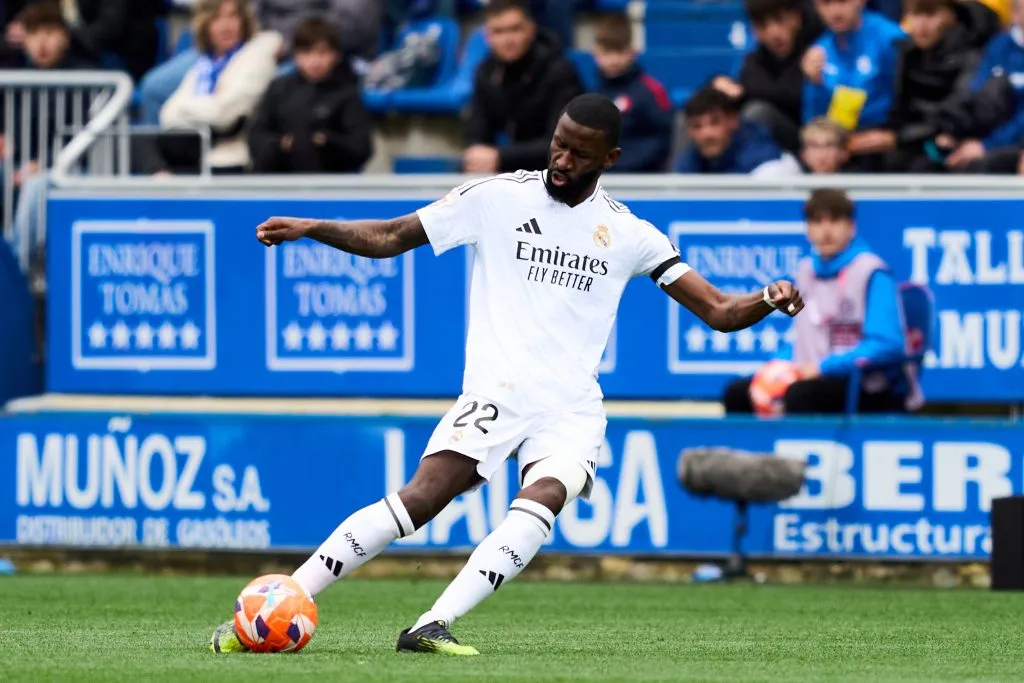 VITORIA-GASTEIZ, SPAIN – APRIL 13: Antonio Rudiger of Real Madrid in action during the LaLiga match between Deportivo Alaves and Real Madrid CF at Estadio de Mendizorroza on April 13, 2025 in Vitoria-Gasteiz, Spain. (Photo by Juan Manuel Serrano Arce/Getty Images)