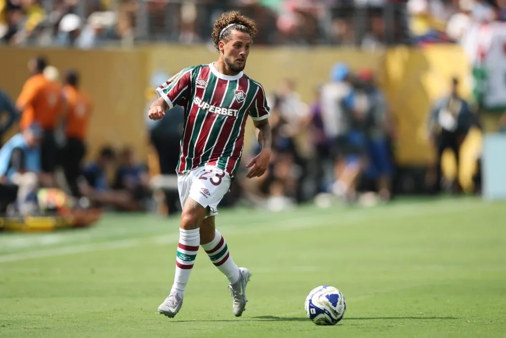 EAST RUTHERFORD, NEW JERSEY – JULY 08: Guga #23 of Fluminense FC controls the ball during the FIFA Club World Cup 2025 semi-final match between Fluminense FC and Chelsea FC at MetLife Stadium on July 08, 2025 in East Rutherford, New Jersey. (Photo by Alex Grimm/Getty Images)
