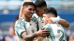 KANSAS CITY, KANSAS - APRIL 13: Kevin Kelsy #19 of Portland Timbers is congratulated by Antony #11 and David Ayala #24 after scoring during the match against Sporting Kansas City at Children's Mercy Park on April 13, 2025 in Kansas City, Kansas. (Photo by Jamie Squire/Getty Images)