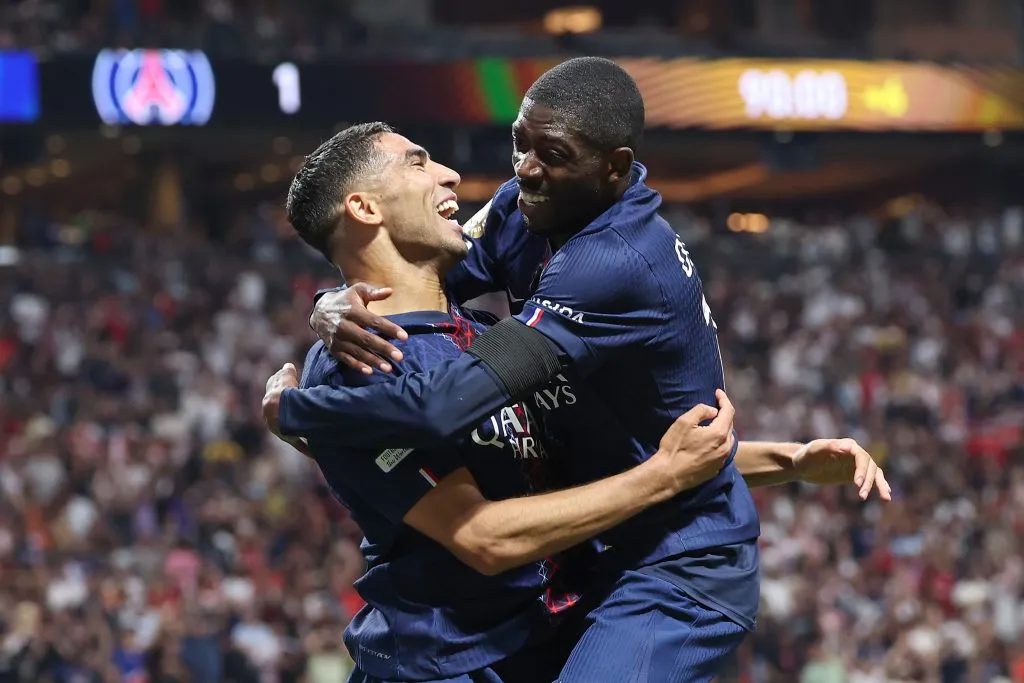 ATLANTA, GEORGIA – JULY 05: Ousmane Dembele #10 of Paris Saint-Germain celebrates scoring his team’s second goal with teammate Achraf Hakimi #2 during the FIFA Club World Cup 2025 quarter-final match between Paris Saint-Germain and FC Bayern München at Mercedes-Benz Stadium on July 05, 2025 in Atlanta, Georgia. (Photo by Kevin C. Cox/Getty Images)