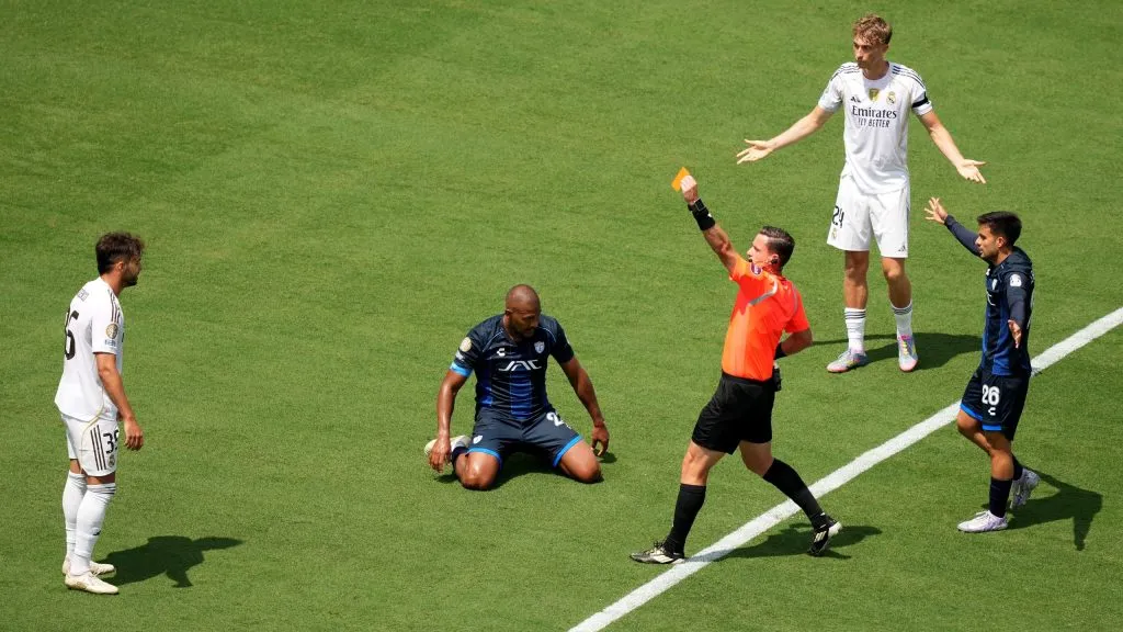 CHARLOTTE, NORTH CAROLINA – JUNE 22: Raul Asencio #35 of Real Madrid C.F. receives a red card during the FIFA Club World Cup 2025 group H match between Real Madrid CF and CF Pachuca at Bank of America Stadium on June 22, 2025 in Charlotte, North Carolina. (Photo by Michael Owens/Getty Images)