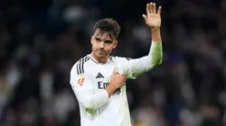 MADRID, SPAIN - FEBRUARY 08: Raul Asencio of Real Madrid acknowledges the fans after the LaLiga match between Real Madrid CF and Atletico de Madrid at Estadio Santiago Bernabeu on February 08, 2025 in Madrid, Spain. (Photo by Angel Martinez/Getty Images)